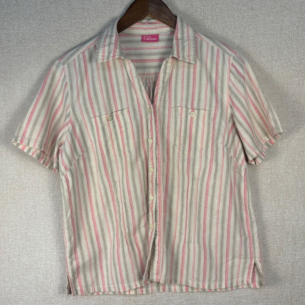 Pappagallo Womens Medium Short Sleeve Button Down Shirt Striped Pink Grey